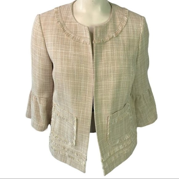 Karl Lagerfeld Jackets & Blazers - KARL LAGERFELD TWEED  BLAZER WITH FRINGE BELL SLEEVES IN CREAM WOMEN SIZE 6